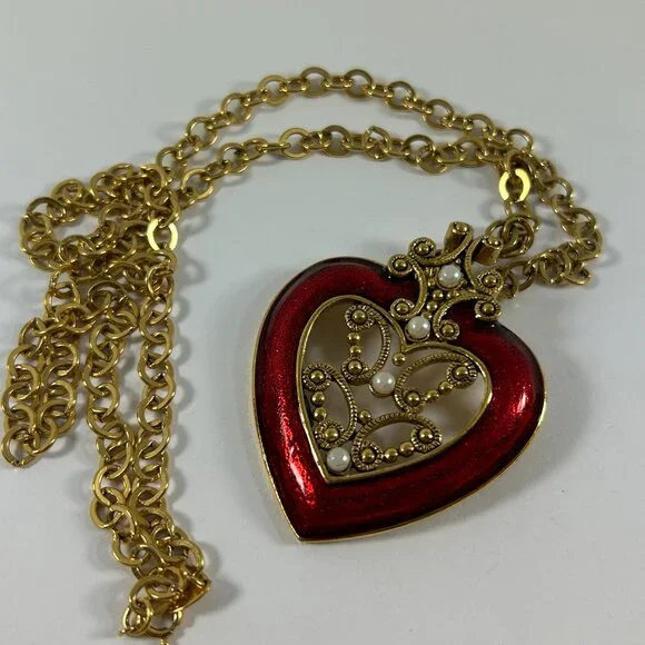 Vintage Avon Heart Pendant Necklace Gold Tone Faux Pearl Red Enamel Ornate Open